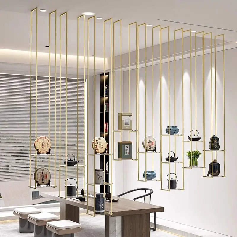 New Chinese style tea room wall one-word rack multi-layer decorative shelf wrought iron hanging hanger tea set display shelf