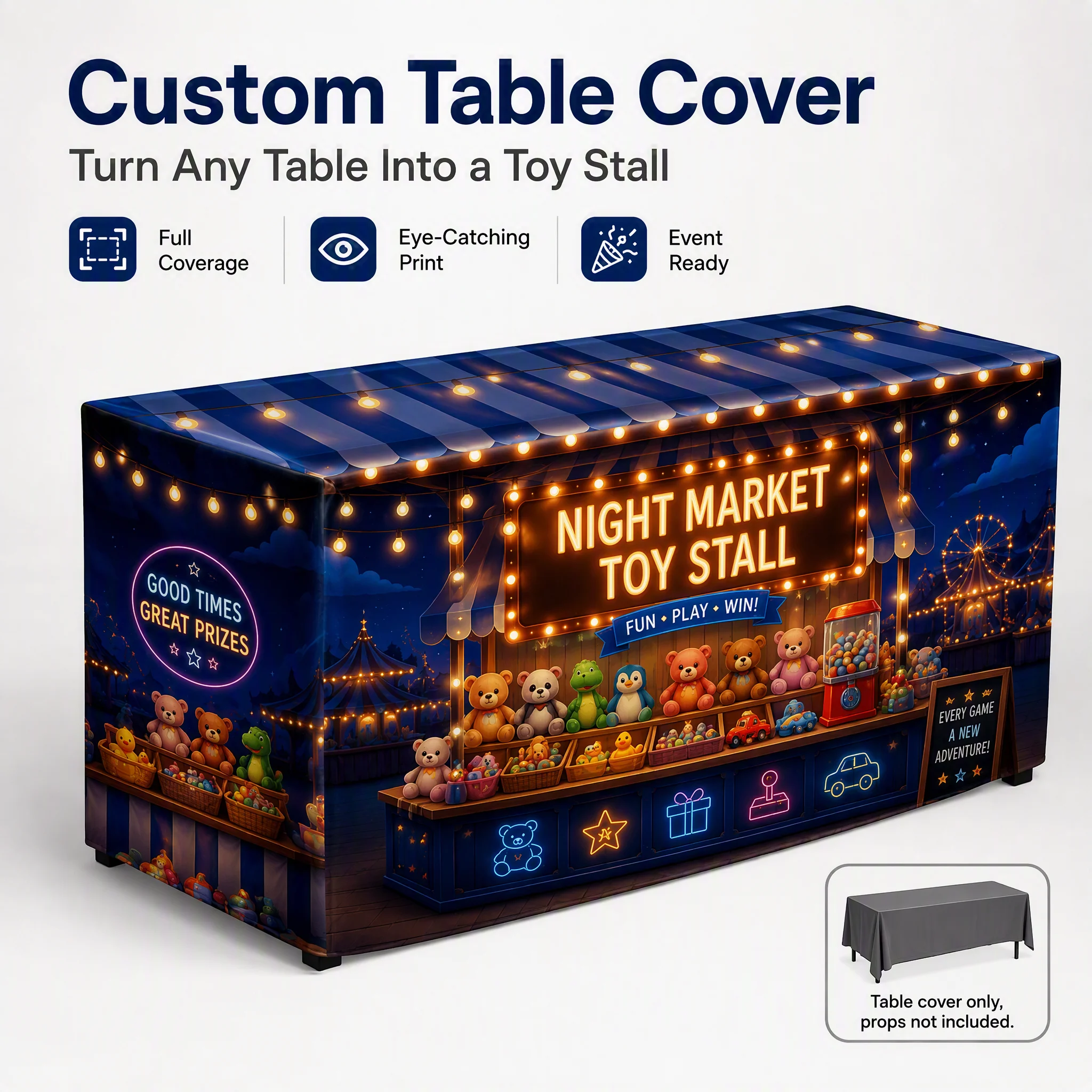 Personalized Custom Toy Booth Tablecloth Logo Printed Table Cover for Outdoor Market Toy Vendor Kids Event Display Decor