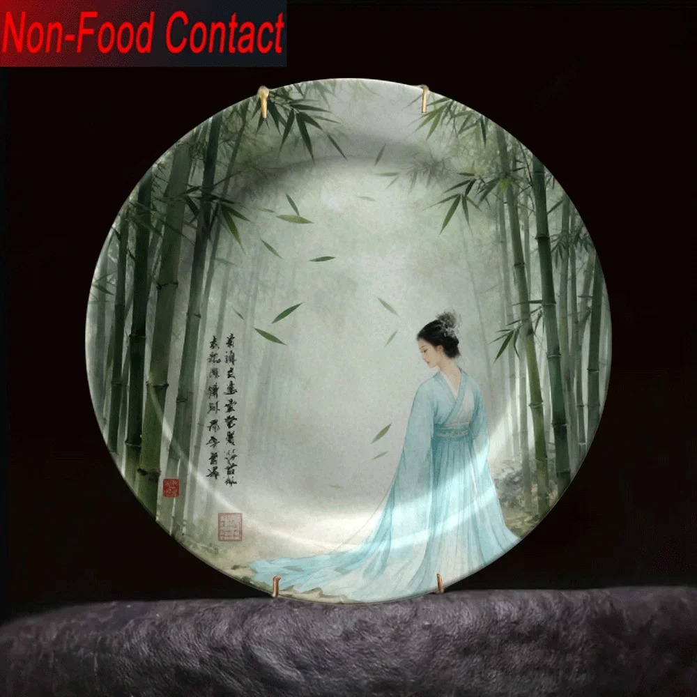 1pc Chinese Ceramic Decorative Plate - Round Traditional Woman & Bamboo Art, Elegant Asian-Inspired Tableware for, Non-