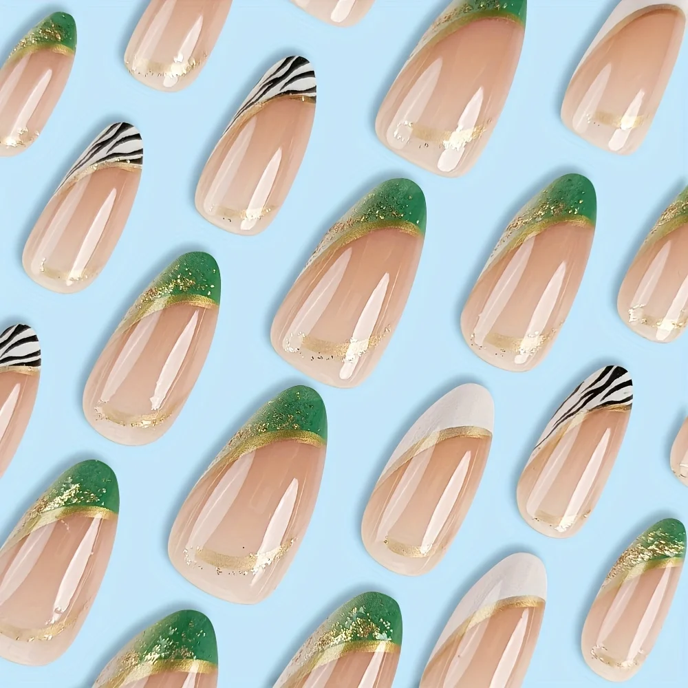 24 pièces de Patch pour ongles portable en forme d'amande, paillettes, imprimé léopard vert, Nail Art avec faux ongles français brillants