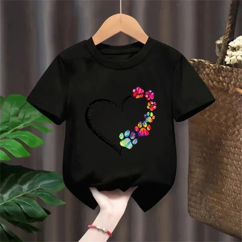 Colorful Dog Paw Pattern Pure Cotton Printed Children's T-shirt Personalized Round Neck T-shirt New Parent-child Fashion T-shirt