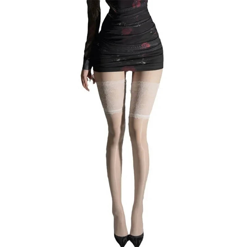 Wide Lace Top Thigh High Stockings With Anti-slip Silicone Band Women Sexy Oil Shiny Silky Transparent Underwear