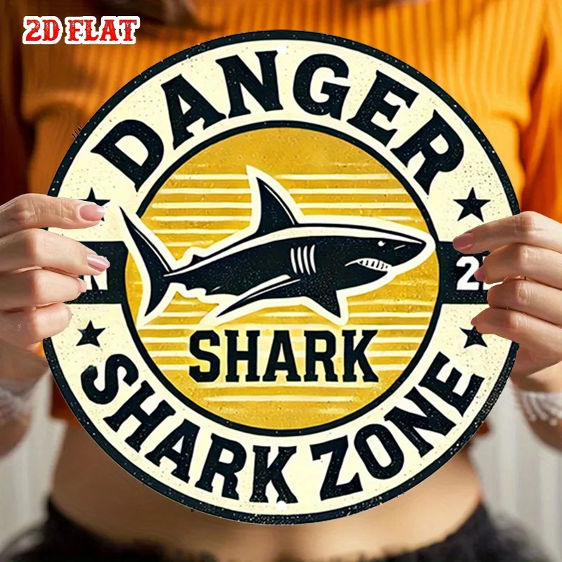 2D Flat,Danger Shark Round, Graphic Design Metal Zone Warning Rustic Metal Wall Art,Wall Decor Signs for Home, Garage