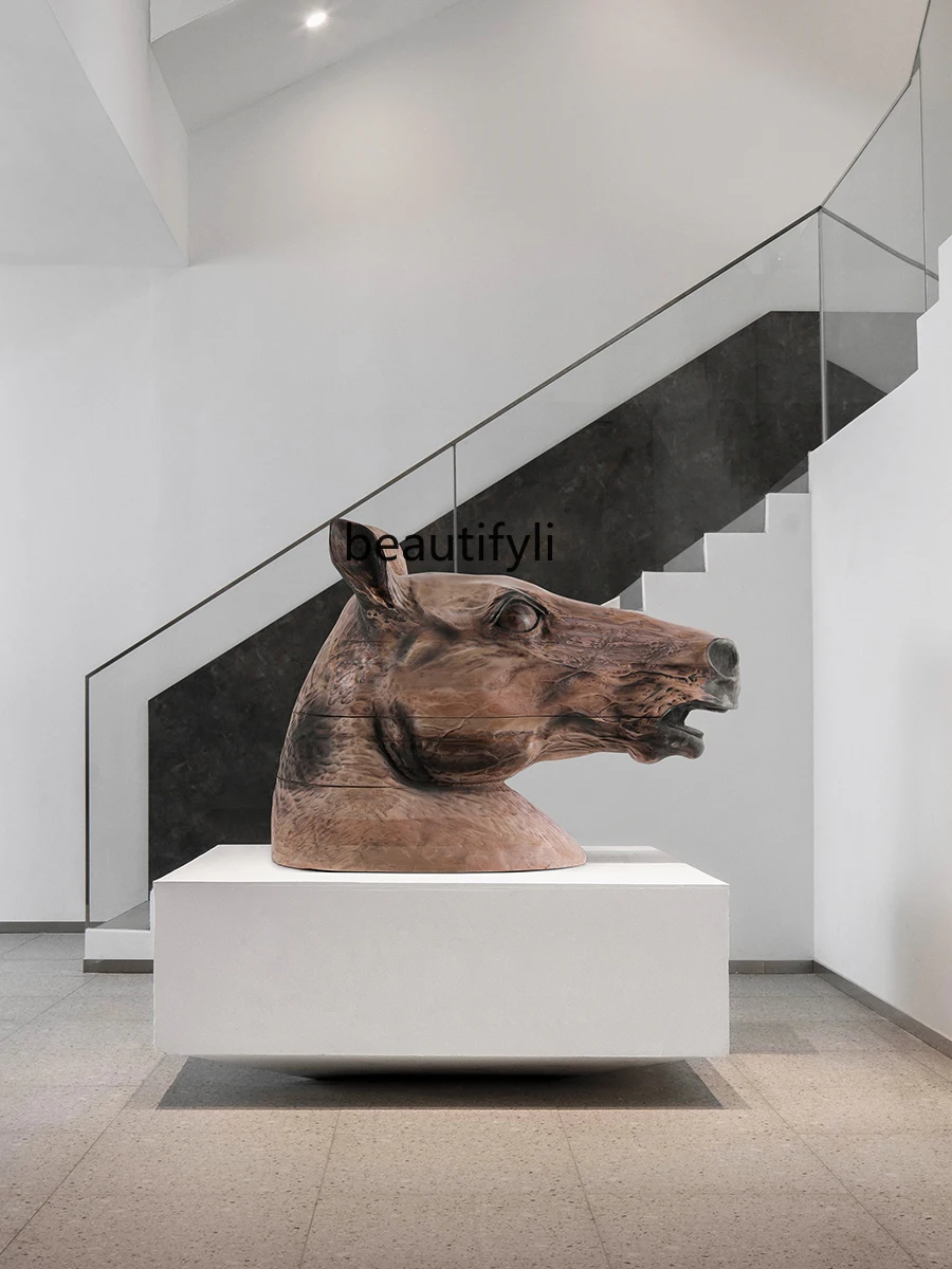 Hotel Lobby Hallway Solid Wood Horse Head Sculptured Ornaments Sales Department Villa Animal Decoration