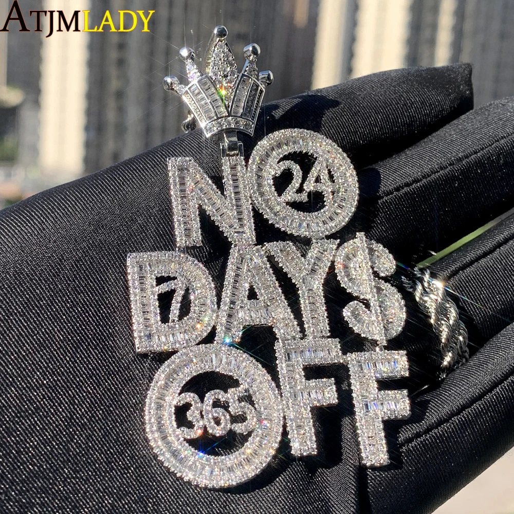 Iced Out Bling CZ Letters Pendant Necklace NO DAYS OFF Paved Cubic Zircon Rope Chain Men's Necklace Fashion Hip Hop Jewelry Gift