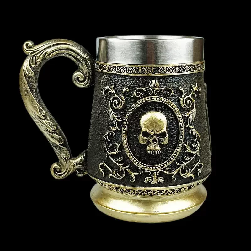 

600 мл имитация ретро щита Смерть Скелет бронзовая кружка танкер из нержавеющей стали смола средневековая кожаная пивная штейн смола золотой