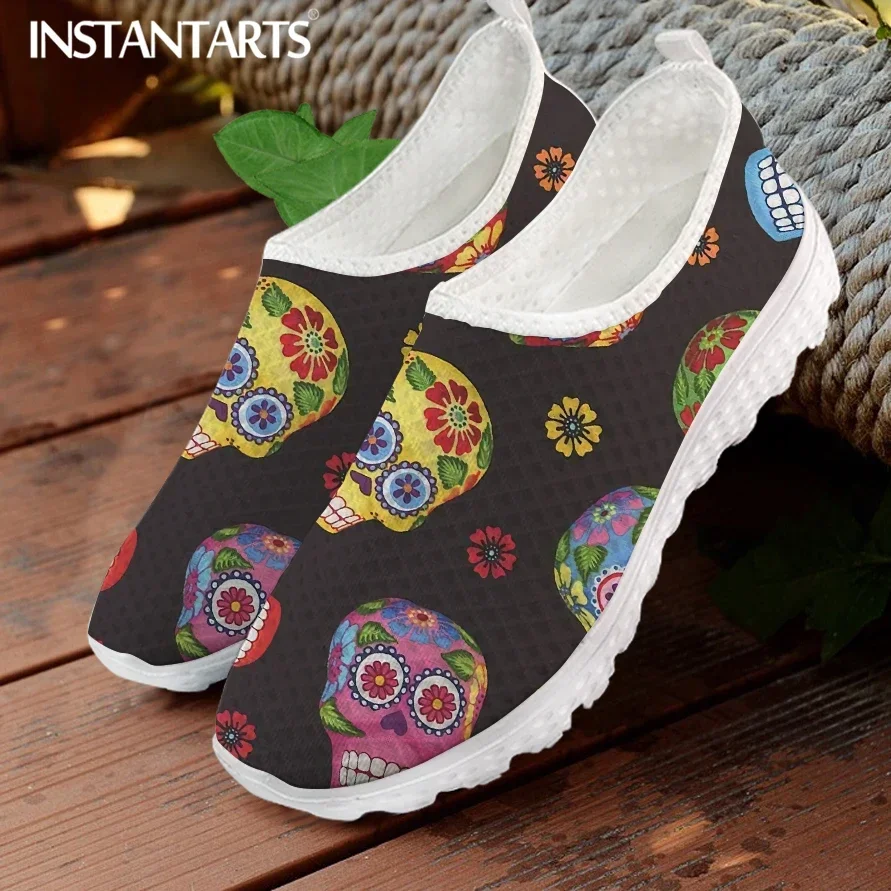 Zapatos planos con estampado 3D de calavera colorida para mujer, Zapatillas de malla transpirable AF, mocasines sin cordones para exteriores de verano