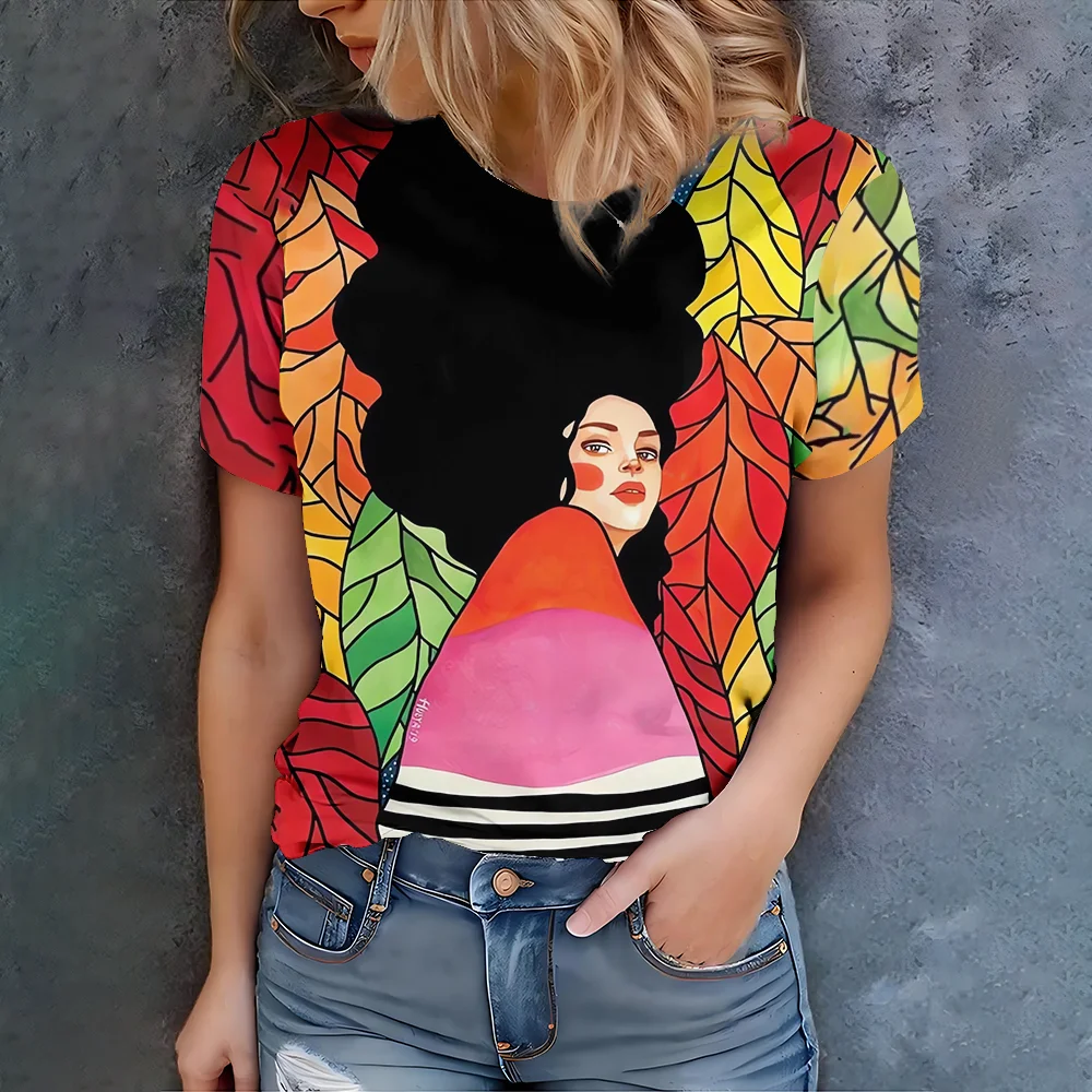 

Women's Black T-Shirt With Multicolor Abstract Art Design Casual Summer Style Round Neck Short Sleeve Top For Daily Wear
