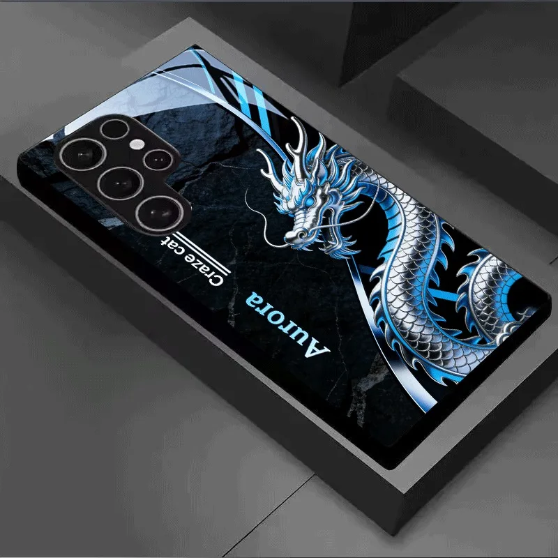Chinese Dragon Tempered Black Glass Phone Case For Samsung Galaxy S26 25 24 23Ultra FE 5G Shockproof Hard Back Protective Cover