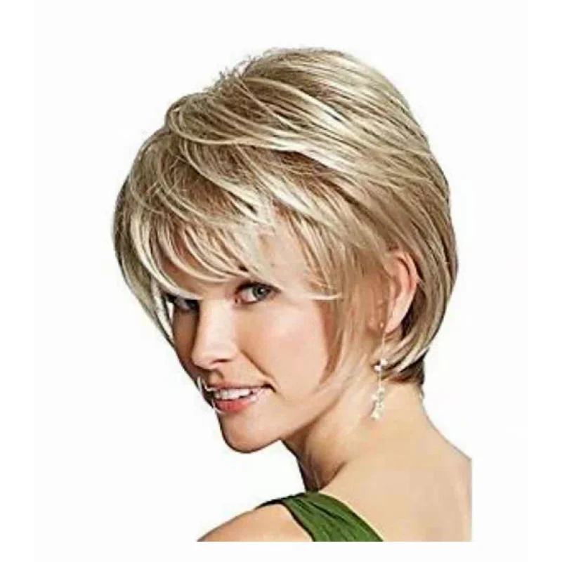 Womens Short Hair Wigs Light Golden Daily Party Cosplay Natural Full Wig