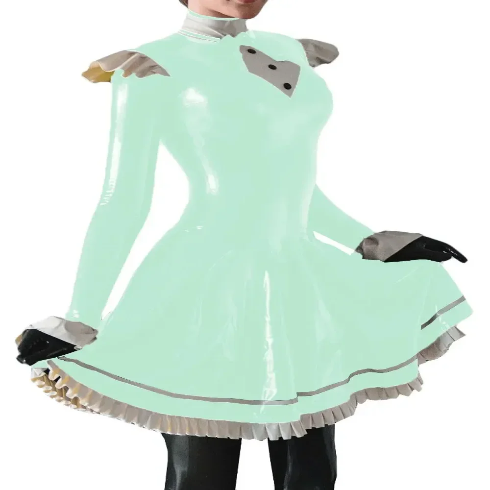 Plus Size French Lolita Dress, Long Sleeve, High Neck Pleated Mini Vestido, Vinyl PVC Leather Ruched, Fantasia Carnival Costumes