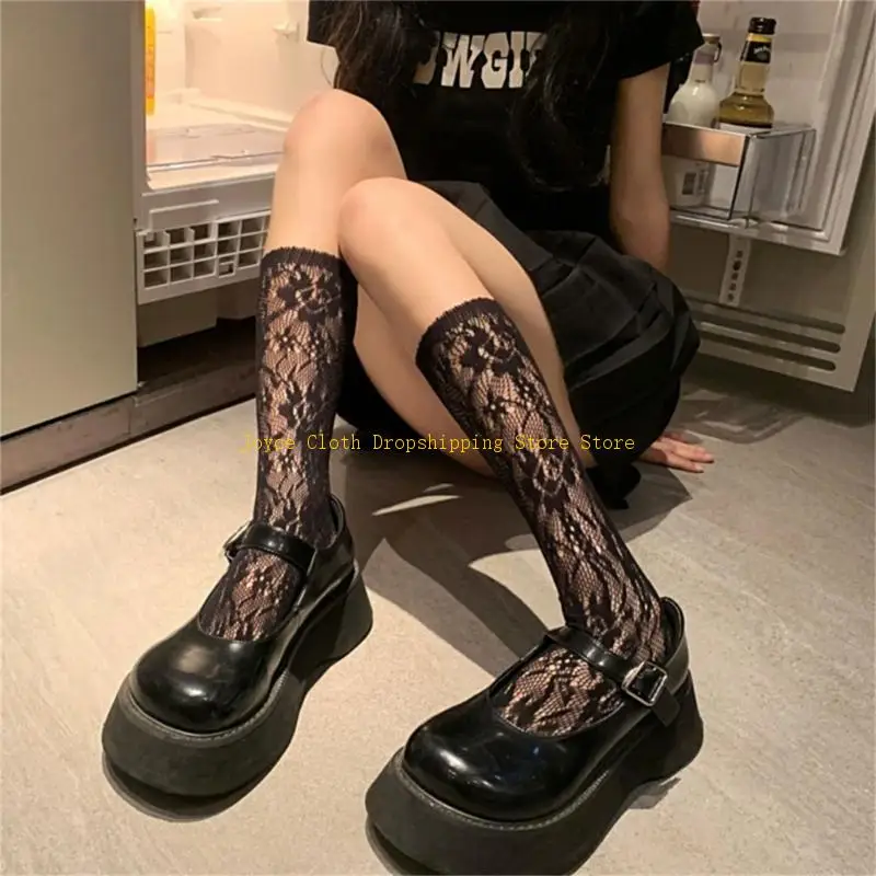 

Women Summer Thin Mesh Calf Socks Floral Lace Jacquard High Tube Stocking 10CD