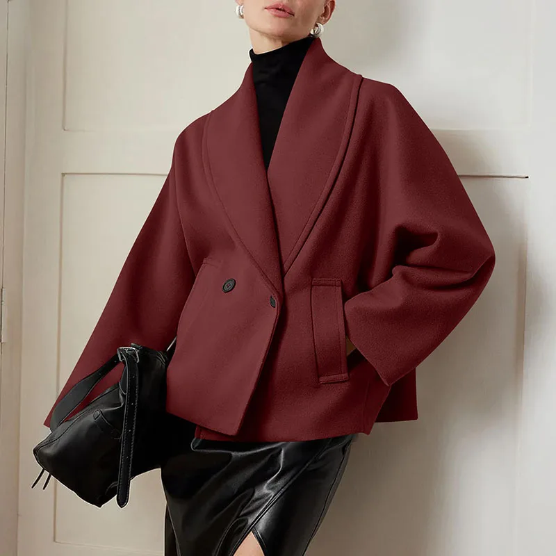 2025 büro Temperament Lange Ärmeln Outwear frauen Vintage Einfarbig Woolen Kurzen Herbst Mantel Casual Revers Taste Lose Jacke