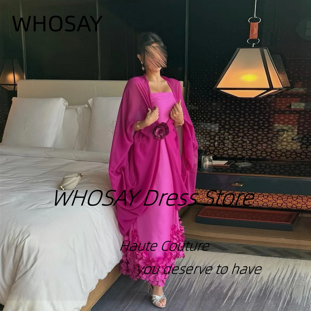 WHOSAY Saudi Arabia Prom Dresses Handmade Flowers Ankle Length Evening Party Dress with Wraps Robe Des Marrige