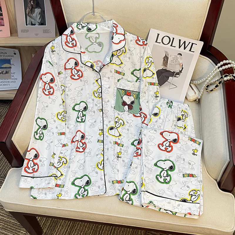 Kawaii Snoopy Pajamas Printed Casual Pajamas Anime Cartoon Milk Silk Snoopy Loose Comfortable Pajamas Students Loungewear Set