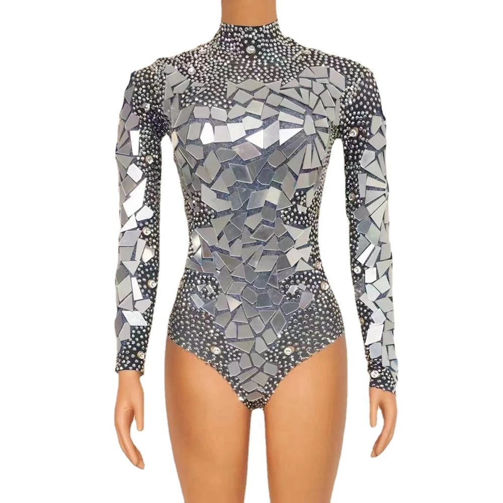 Sparkly Silver Rhinestones กระจก Leotard ผู้หญิงวันเกิด Party ชุดเครื่องแต่งกายเต้นรำ DS บาร์แสดง Bodysuit เครื่องแต่งกาย