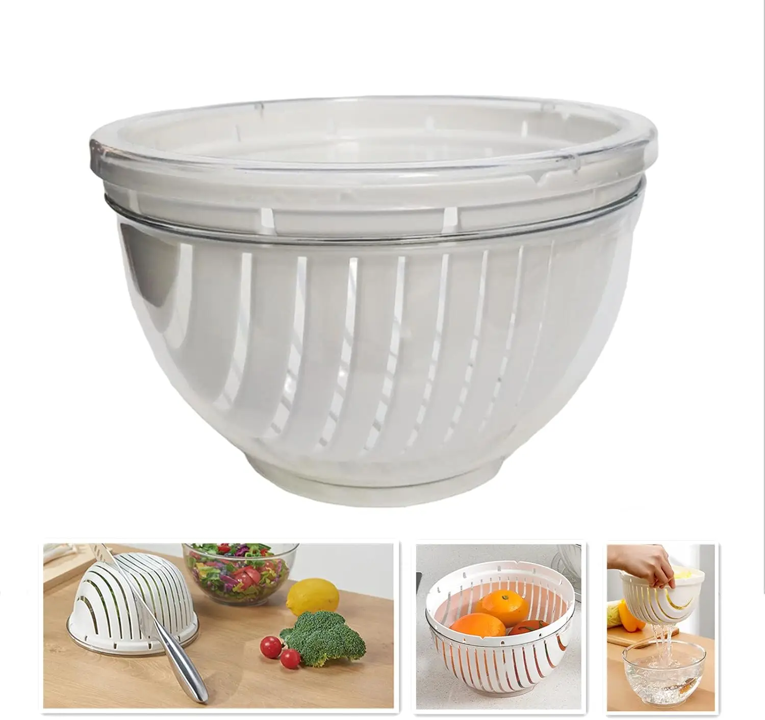 

Легкая миска для резки фруктового овощаного салата, многофункциональный кухонный дуршлаг, сито, держатель для хранения, двухслойный вращающийся (Trans