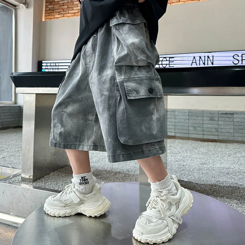

Children's Summer Work Shorts New Style Boys Pockets Tie-dye Casual Pants Loose and Handsome Mid-length Pants