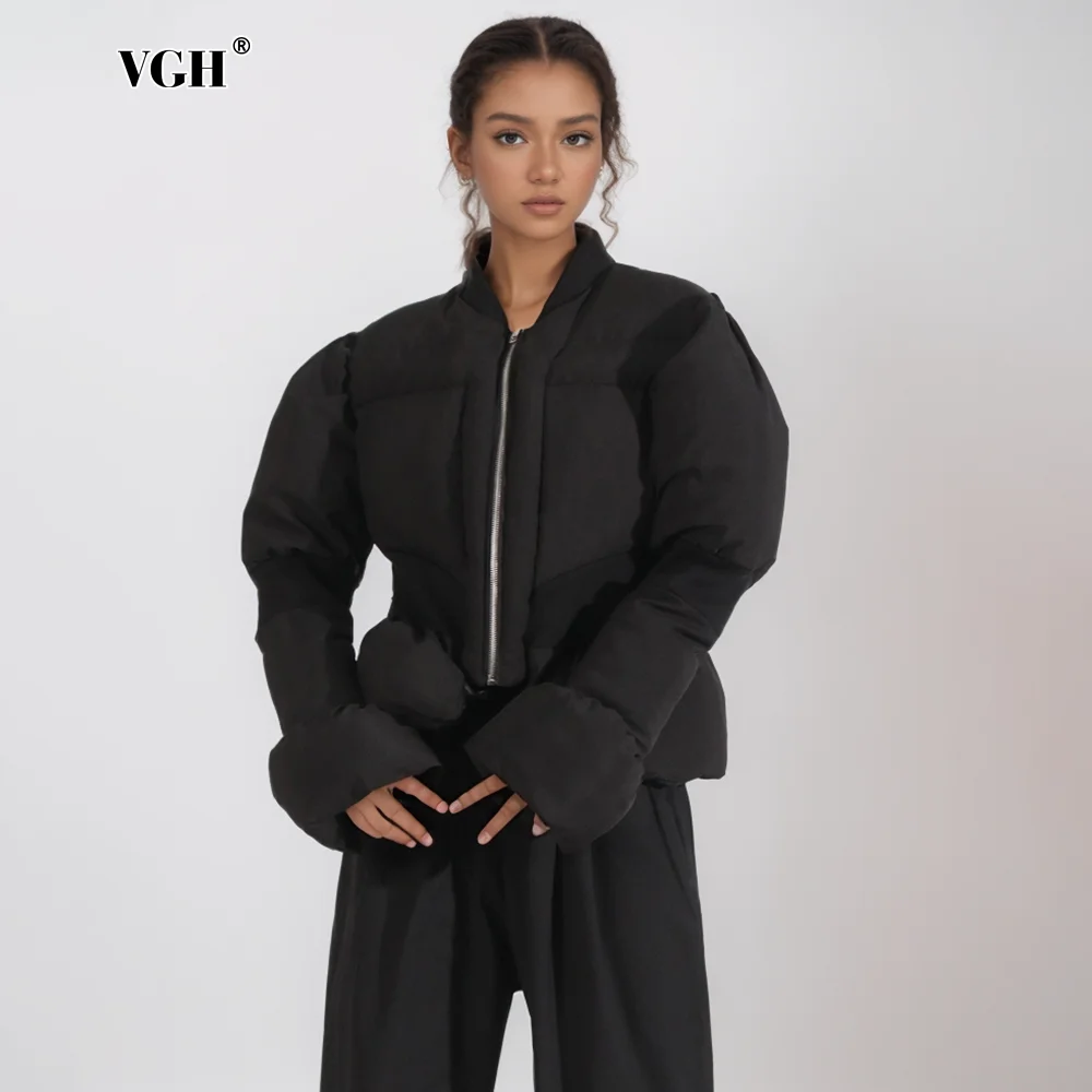 

VGH Solid Casual Patchwork Zipper Parkas For Women Stand Collar Flare Sleeve Tunic Minimalist Winter Coat Female Style New 2024