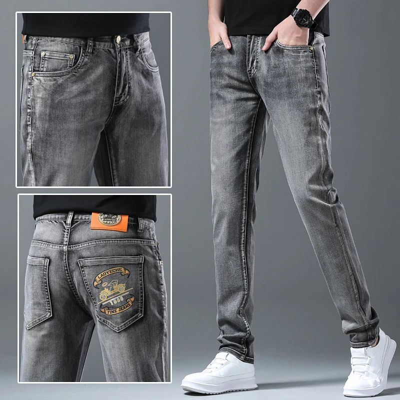 2024 new inkjet printed jeans men's fashion high-end fashion all-match casual stretch slim fit tapered pants