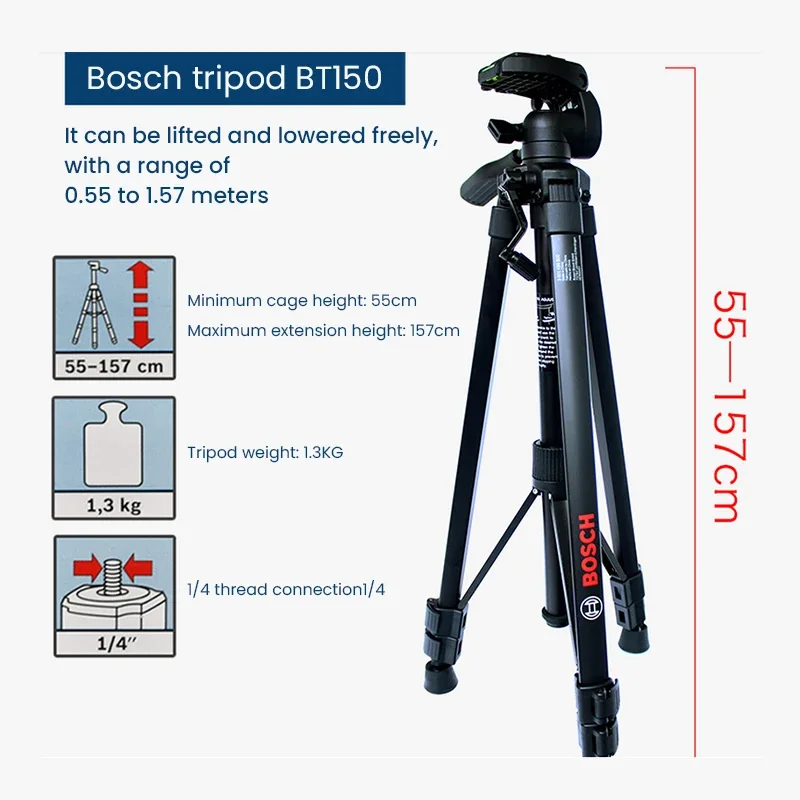 Bosch BT150 Compact Tripod with Extendable Height for Use with Line Lasers Point Lasers Laser Distance Tape Measuring Tool