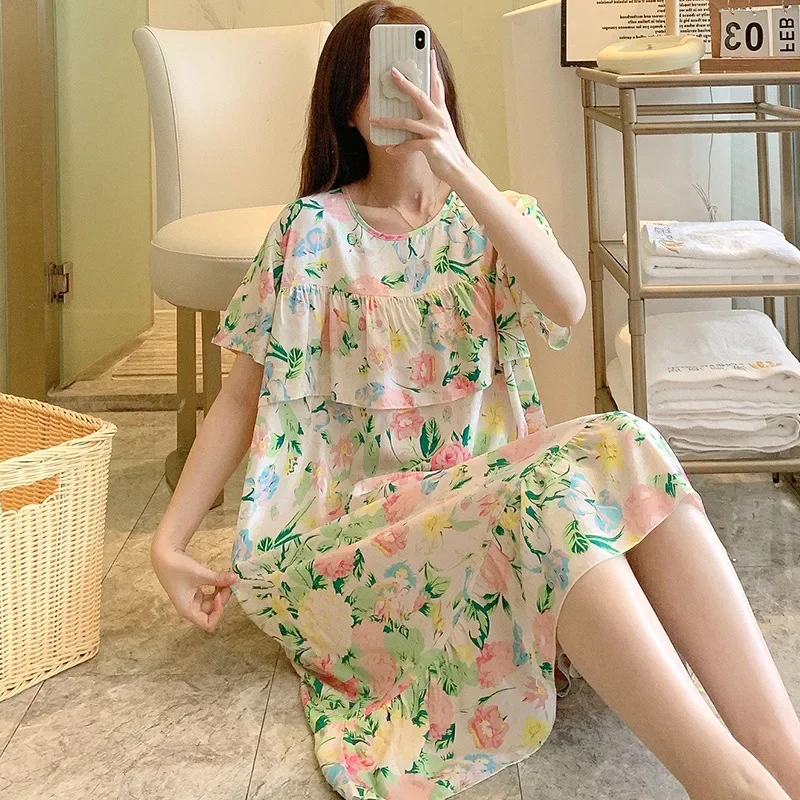 Nightdress Women Summer Thin Large-size Cotton Silk Skirt Pajamas Ladies Loose Loungewear Female Outdoor Floral Nightgowns Girls