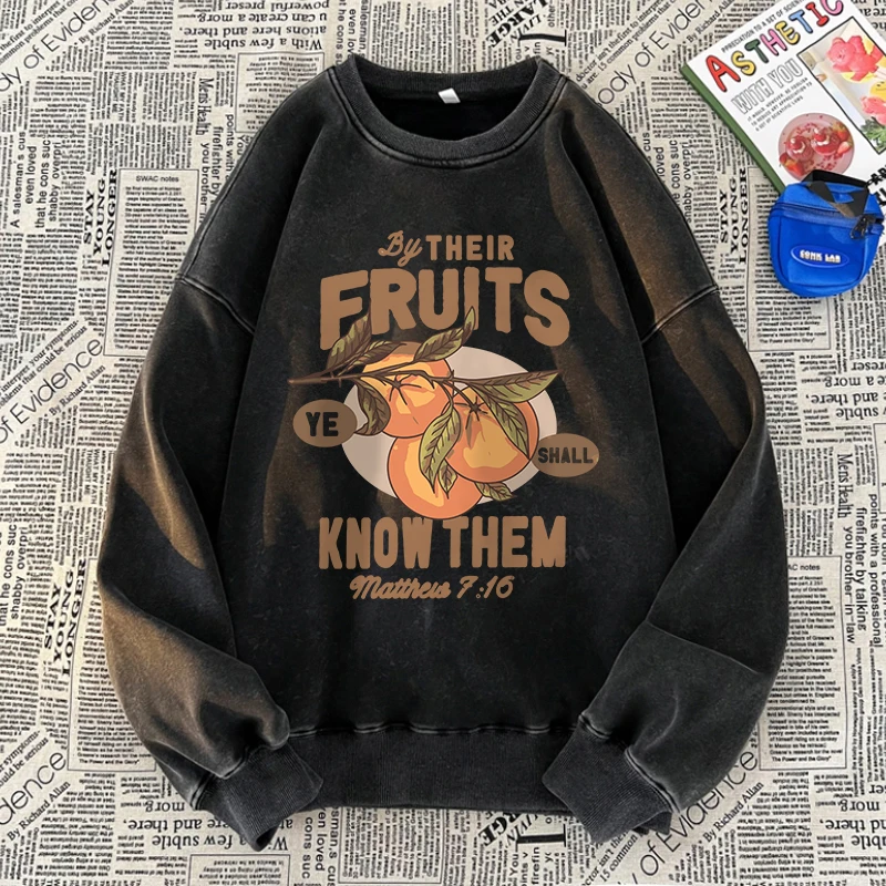 Their Fruits Washed Sweatshirts Women Fresh Persimmon Prints Pullover O-Neck Oversized Cotton Clothes Winter Warm Woman Hoodies