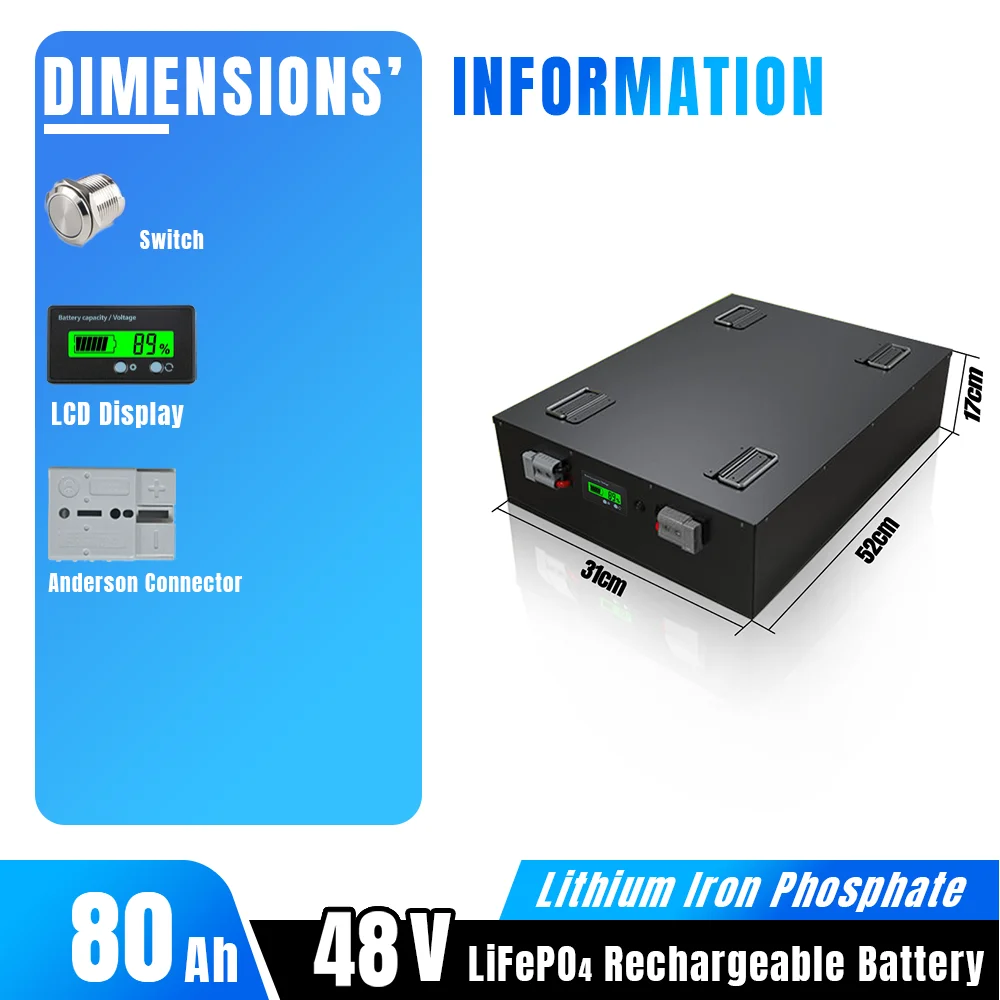 48V 80Ah Lifepo4 Battery Pack Lithium Iron Phosphate Built-in 80A BMS Optional Bluetooth for Golf Cart Tricycle Solar Energy