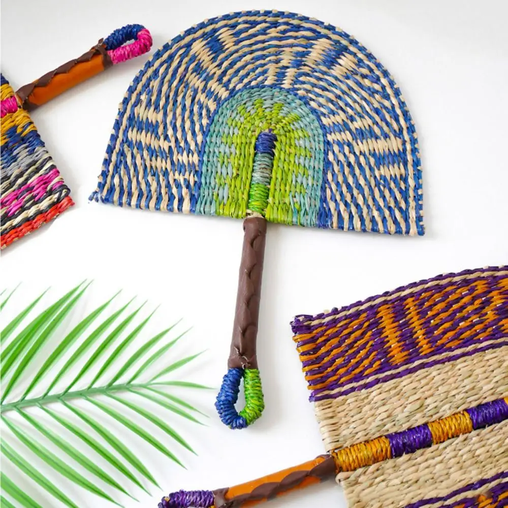 Colorful Striped Patterns Seagrass Woven Fan Vintage Bohemian Hand Braided Fan Anti-Mosquito Portable Cattail Fan Outdoor
