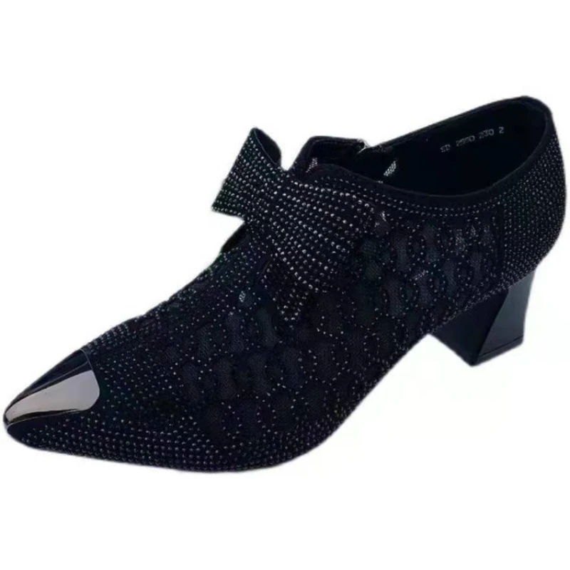 Damskie Hollow buty z siatką 2023 letnie kobiety pompy moda Rhinestone kwadratowy obcas szpiczasty nosek zamek łuk kobiety sandały Plus rozmiar