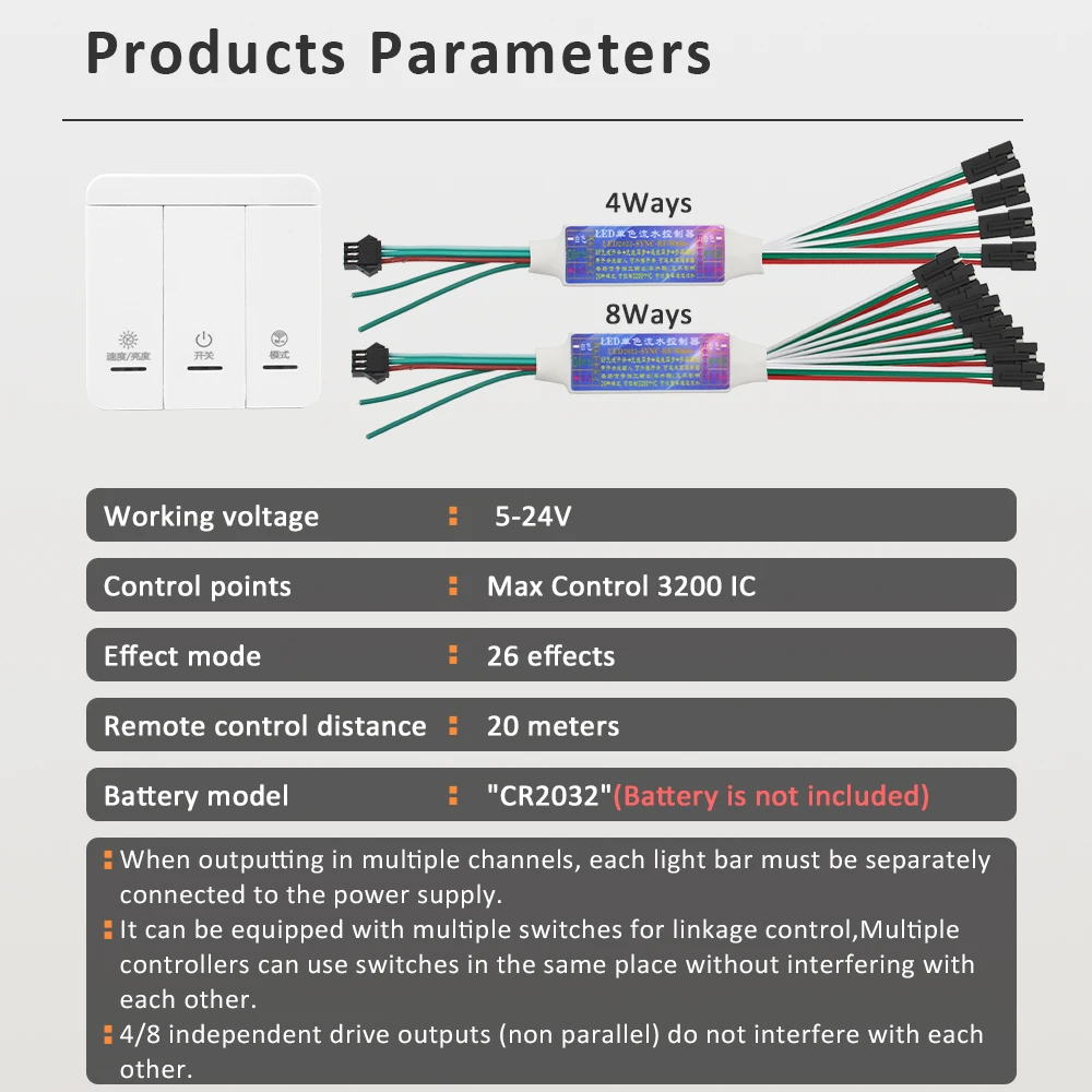 DC 5V 12V 24V Single Color Running Water LED Strip Controller 4/8 Ways Synchronous Chasing Light Mini Receiver with WS2811 COB