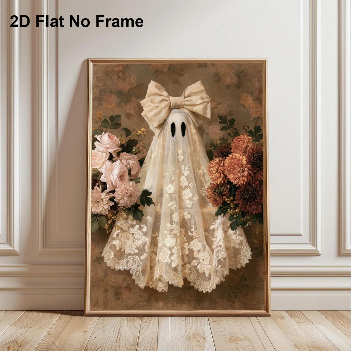 2D Flat, 2D Flat, 1pc Frameless Canvas Poster, Vintage Elegant Ghost Wearing Lace Veil And Big Bow Ribbon Amidst Lush Floral