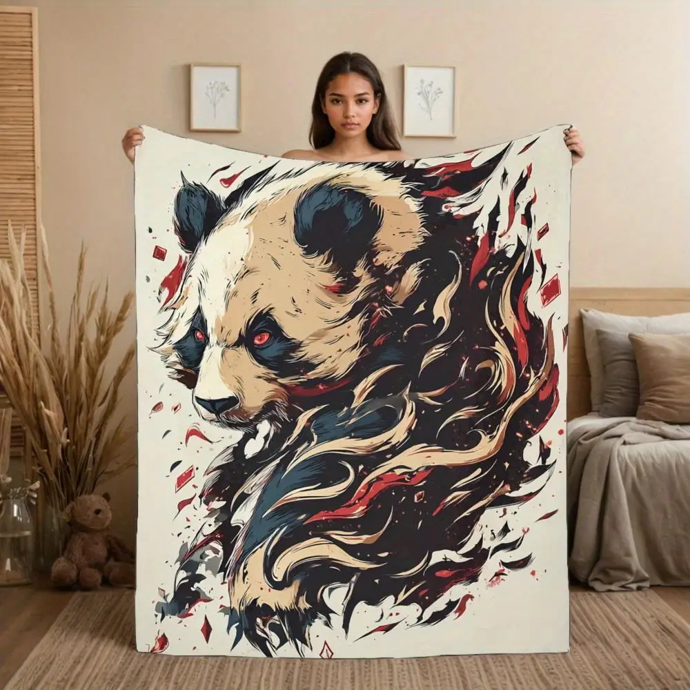 Panda Flame Art Pattern Flannel printed blanket suitable for all seasons suitable for living room office sofa and travel