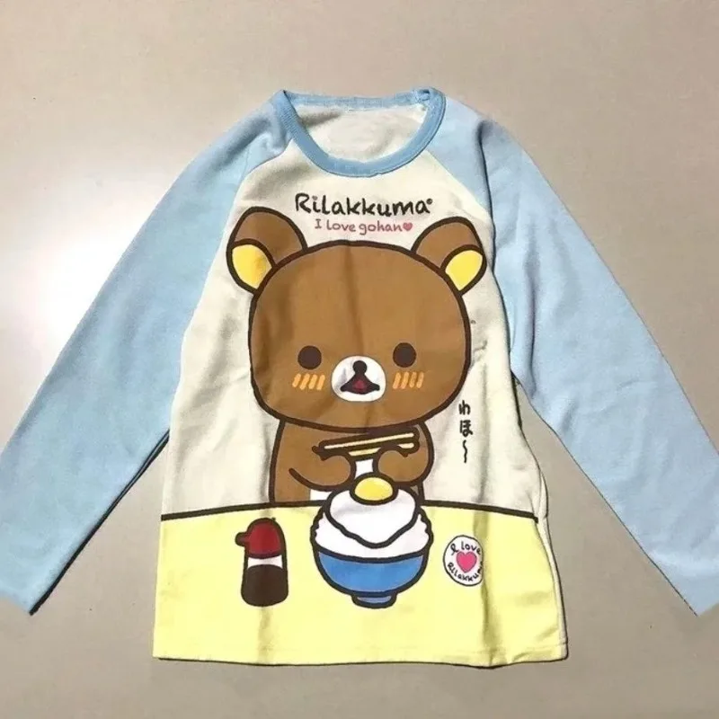 Spring Autumn Teenager Japanese Subculture Anime Sweet Cute Home Easy Bear Print Water Color Raglan Long Sleeved Tshirt New Tops