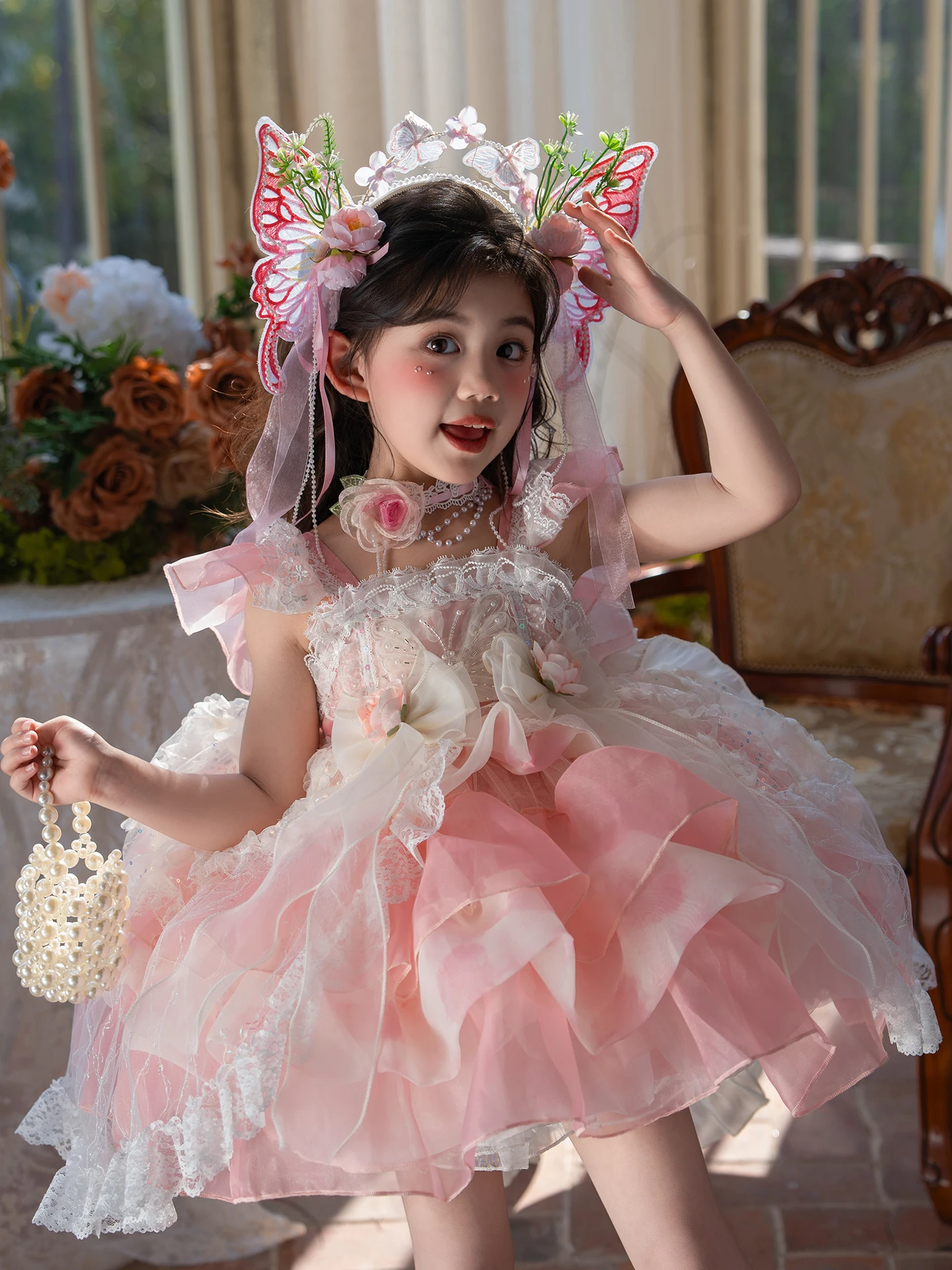 Vestido de Princesa Lolita para Meninas, Roupas de Verão Elegantes, Saia Infantil com Laço de Borboleta, Cintura Alta, Tecido...