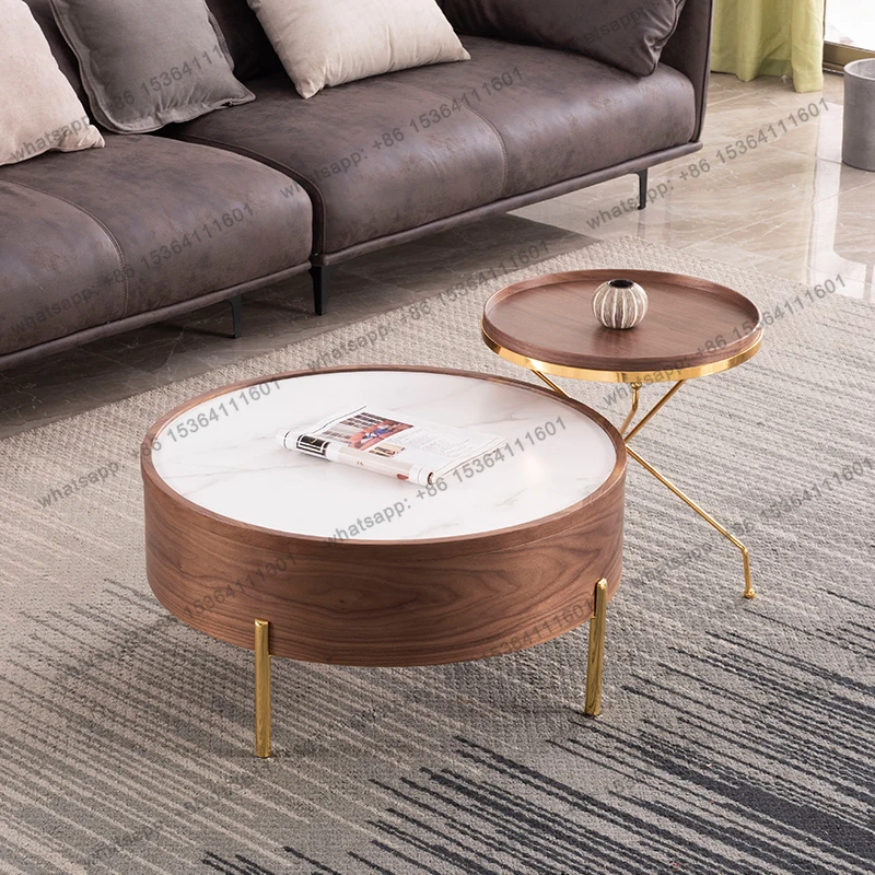 CJRock Slab Solid Wood Coffee Table Round Rotating Light Luxury Modern Simple Nordic Household Storage Coffee Table