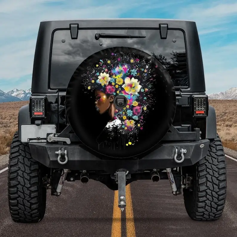 

Gorgeous Black Woman Spare Tire Cover, Girly Tire Cover, Backup hole Camera Spare Wheel Tire for Jeep, for Bronco, Black Queen T