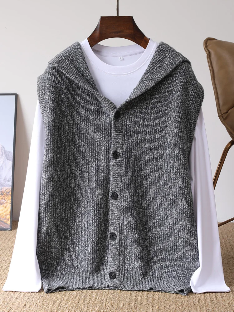 2025 New Fashion Hooded Cardigan Sweater Man Vest Slim Fit Jumpers Knitwear Sleeveless Winter Pure Wool Casual Clothing Men