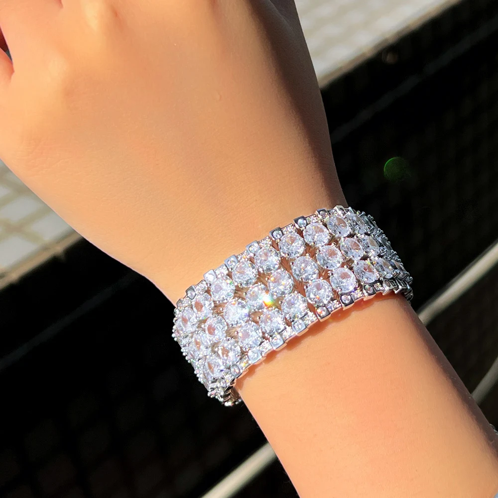 CWWZircons Super Luxuriöses Glänzendes Mehrschichtiges Rundes CZ Statement Breites Großes Armband für Damen Hochzeit Party Schmuck Großhandel S0249 – Detail 2