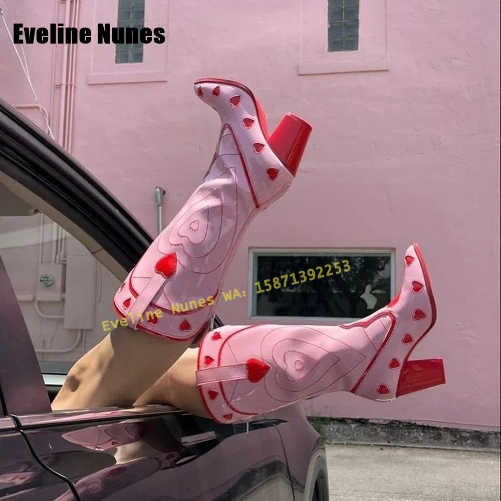 Pink Heart Space Cowgirl Boots Sewing Big Size 35-44 2025 Newest Pointed Toe Chunky Heels Slip On Female Fashion Knee High Boots