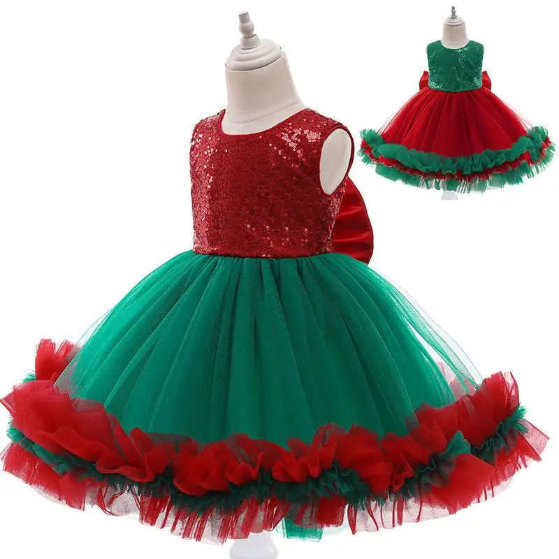 European and American children\'s dress Christmas style with bow and sequin green dress red fluffy performance dress baby Christm