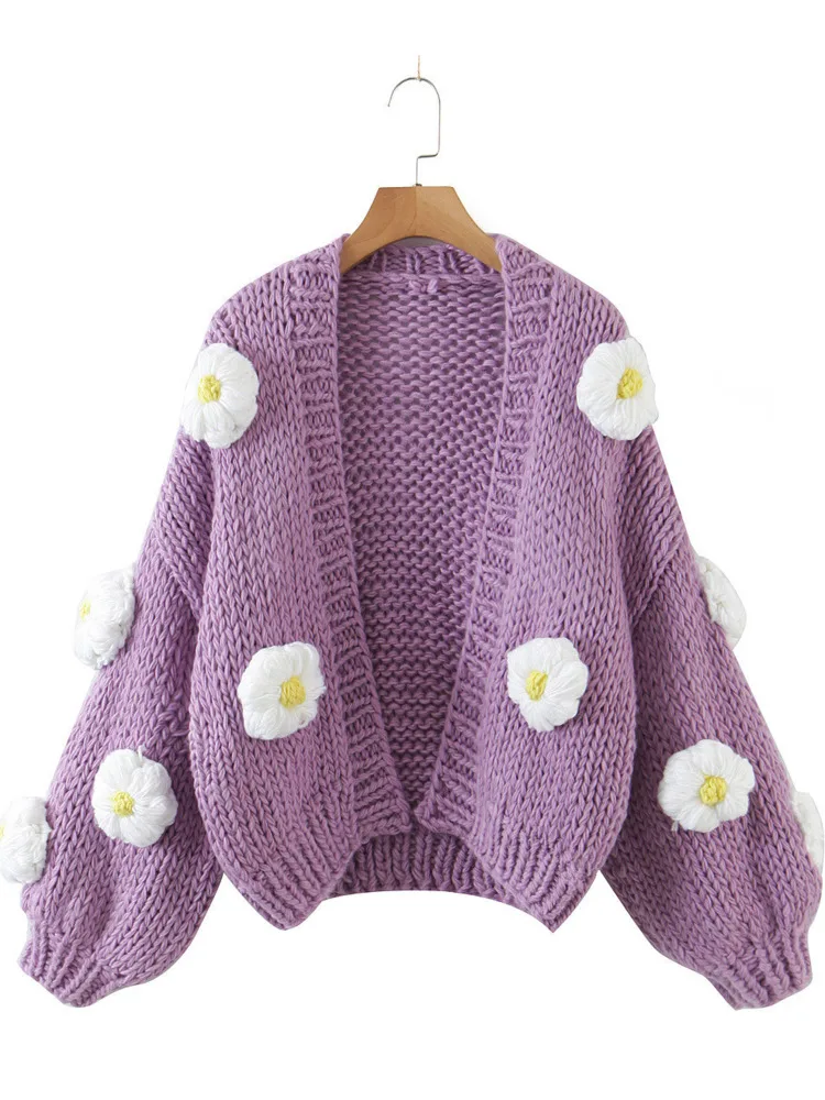 LANMREM European And American Style Handmade Flower Lantern Sleeve Knitted Cardigan Women\'s Loose Style Thick Sweater 2DA8301