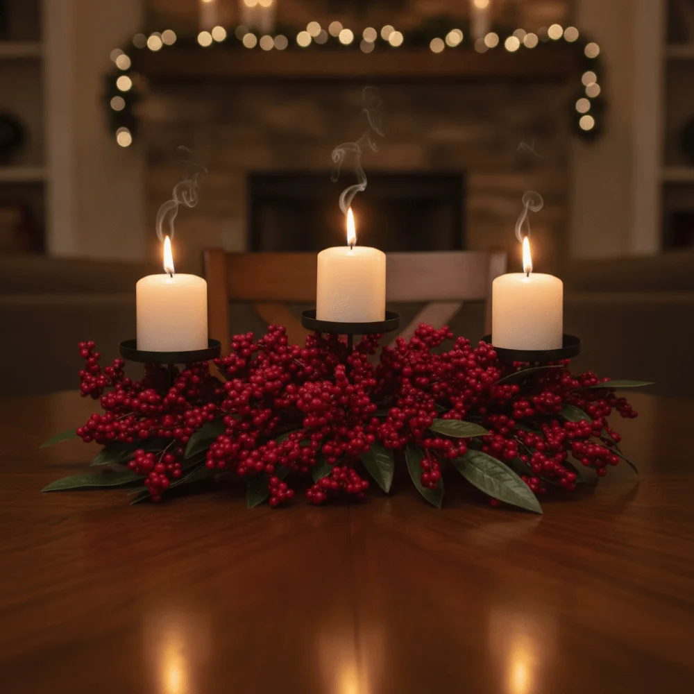 Artificial Berry Wreath Three Legged Candle Holder Simulated Wrought Iron Wreath Candlestick Centerpiece Red Stable Base