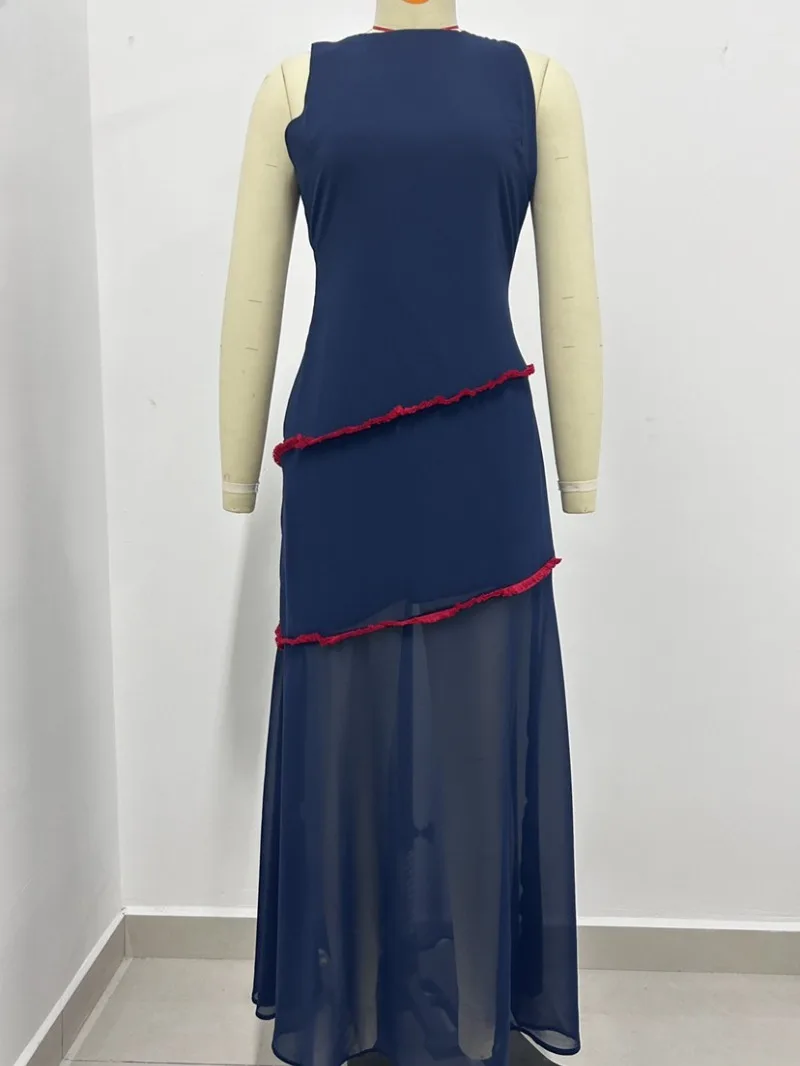 Chic Sleeveless Patchwork Contrasting Tassel Decoration Maxi Dress Backless Chiffon Hem A Line Dresses Evening Party Minimalist