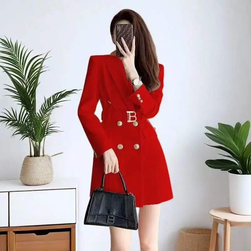 The Spring Of 2025 The New Fashion French High-grade Black Dress Temperament Hepburn Wind Lapel Slim And Slim Suit Skirt Woman