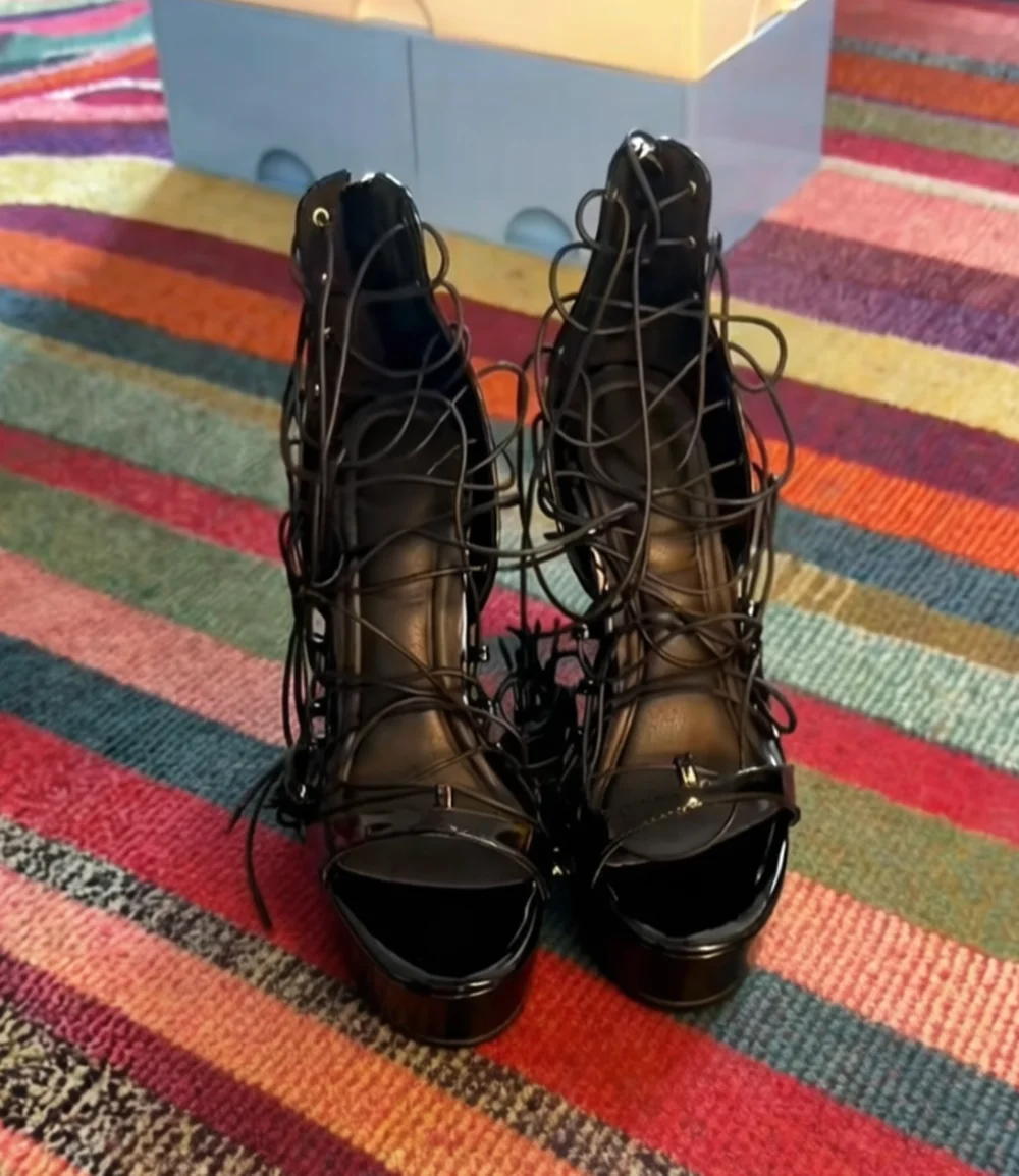 Black Patent Lace-Up Wedge Platform Sandals Open Round-Toe Crisscross Ankle Laces Back Zipper Closure Cool Gothic Style