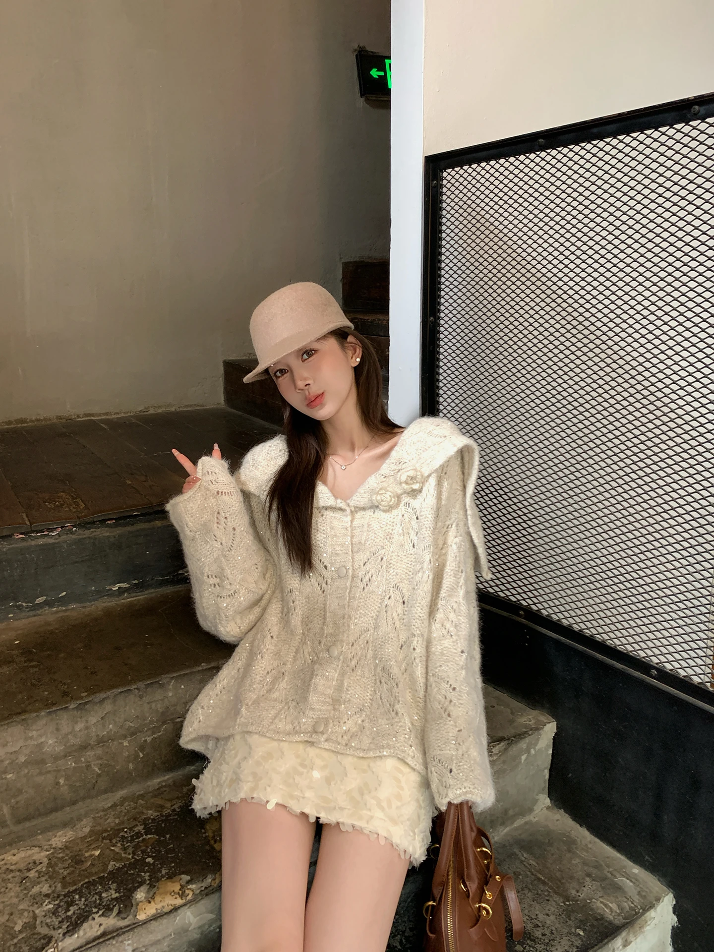 

Chen DaYu Women's Open Front Knitted Sweater Cardigan Hollow out Loose Navy Collar Autumn Winter Warm Thiened Long Sve Top