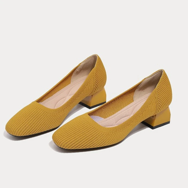 

Женские туфли на высоком квадратном каблуке: вязаные, дышащие, удобные, с неглубоким вырезом, нескользящие, для работы, модные и красивые