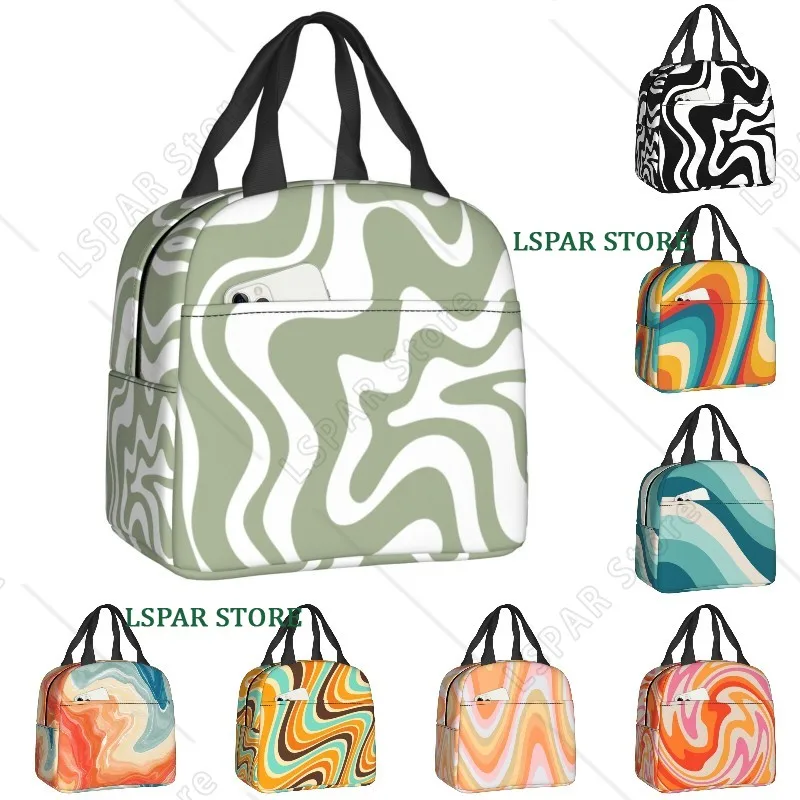 Liquid Swirl Abstract Pattern In Sage Green Insulated Lunch Bag Geometric Art Cooler Thermal Bento Box For Women Kids Food Bags