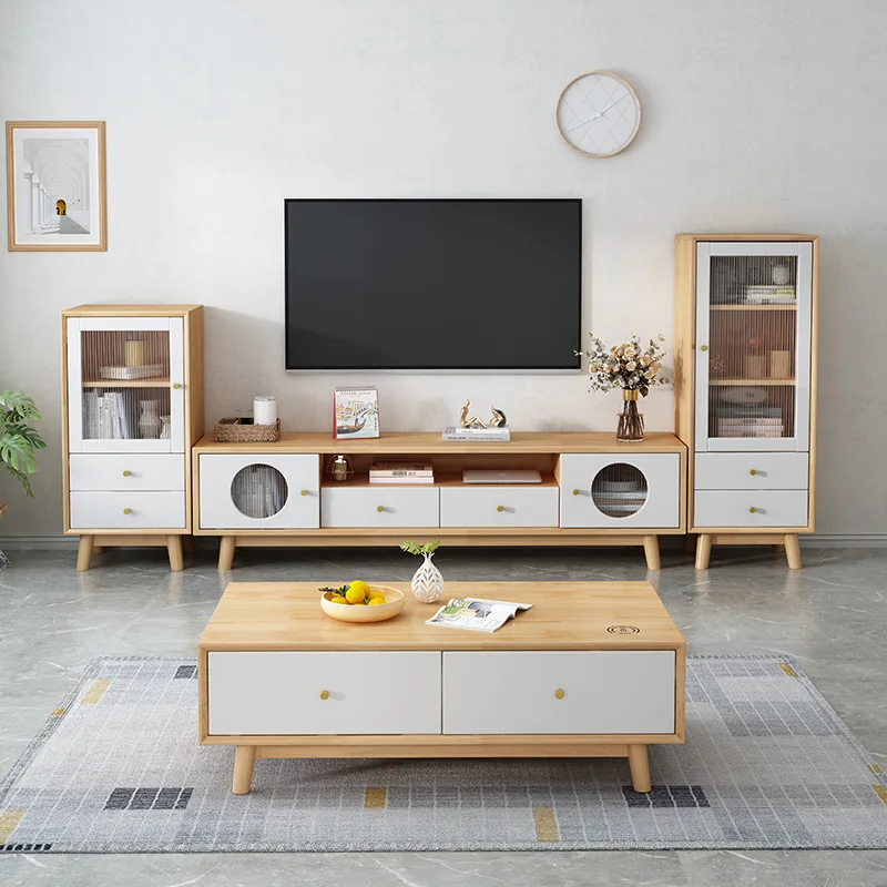 Nordic all-solid wood TV cabinet coffee table combination modern simple household living room floor cabinet small apartment